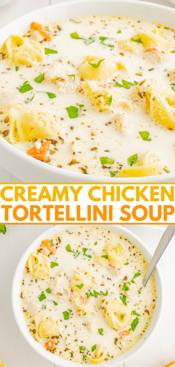 Creamy Chicken Tortellini Soup - Ready in just 30 minutes, and made in one pot, this EASY soup is a comfort food family favorite! Tender chicken, vegetables, and plenty of cheese tortellini in a super rich and creamy broth make this the PERFECT cold weather meal. Simple to make for lunch or busy weeknight dinners because it comes together so quickly!
