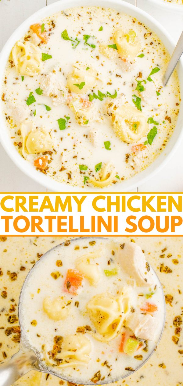 Creamy Chicken Tortellini Soup - Ready in just 30 minutes, and made in one pot, this EASY soup is a comfort food family favorite! Tender chicken, vegetables, and plenty of cheese tortellini in a super rich and creamy broth make this the PERFECT cold weather meal. Simple to make for lunch or busy weeknight dinners because it comes together so quickly! 
