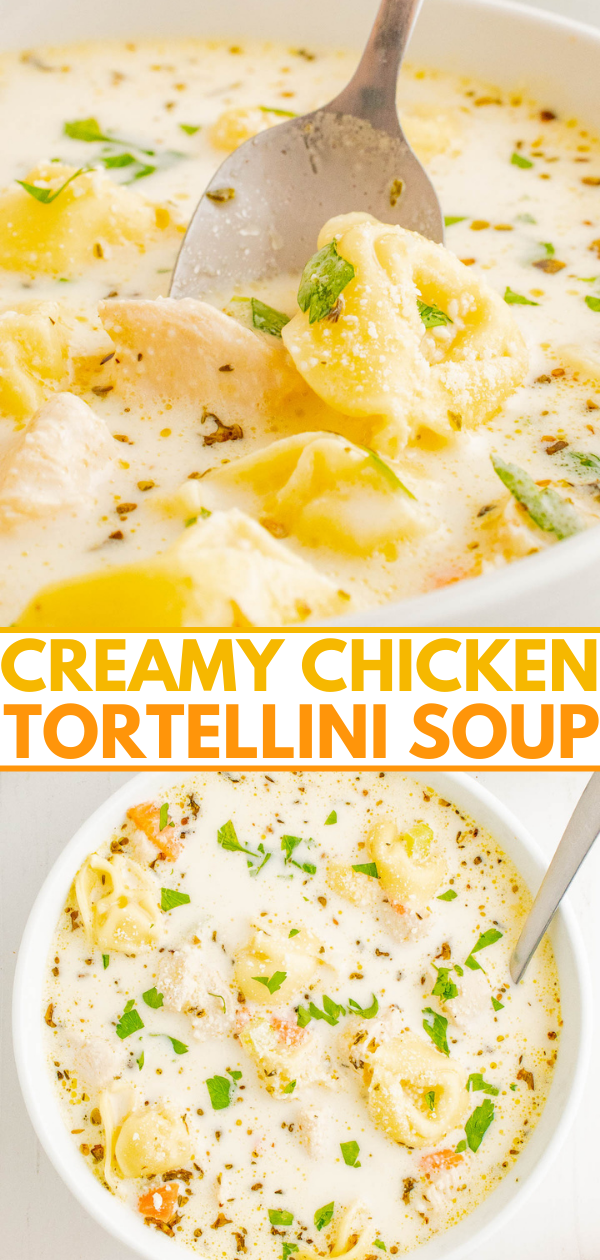 Creamy Chicken Tortellini Soup - Ready in just 30 minutes, and made in one pot, this EASY soup is a comfort food family favorite! Tender chicken, vegetables, and plenty of cheese tortellini in a super rich and creamy broth make this the PERFECT cold weather meal. Simple to make for lunch or busy weeknight dinners because it comes together so quickly! 