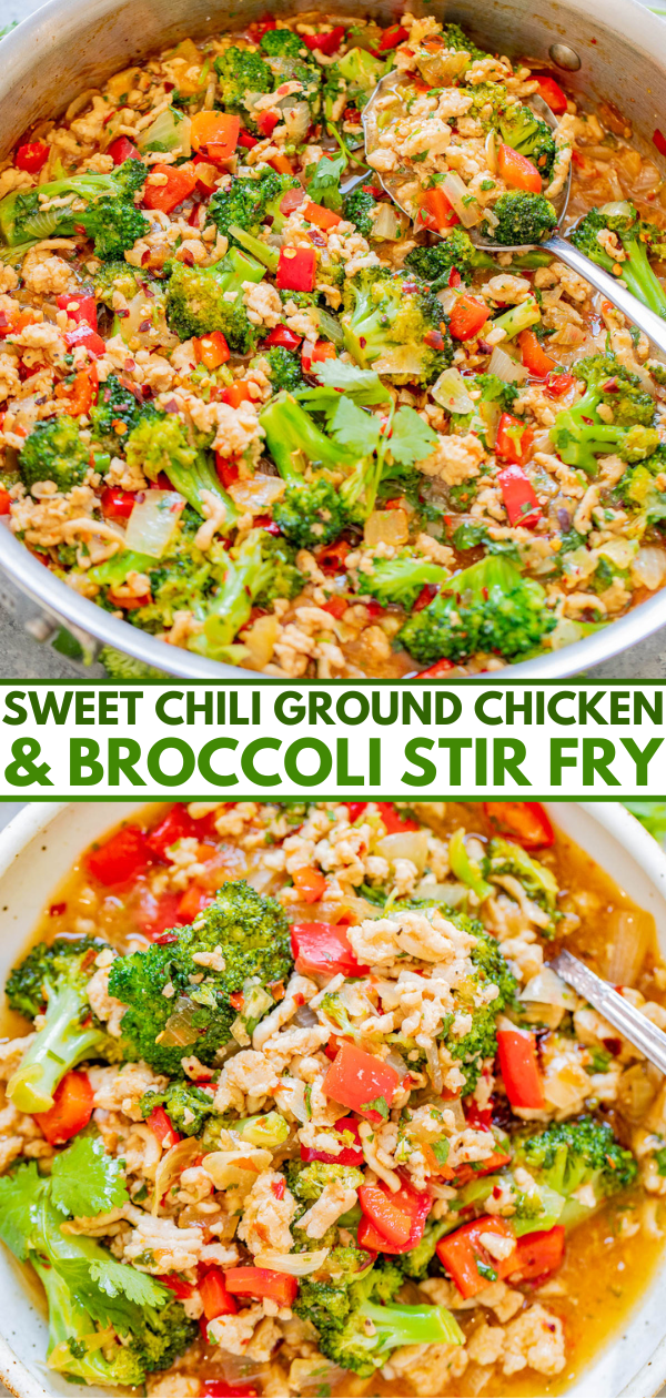 Sweet Chili Ground Chicken and Broccoli Stir Fry - EASY, ready in 30 minutes, made in ONE skillet, and layered with Asian-inspired flavors! Juicy chicken, crisp-tender broccoli, red bell peppers, and more are coated with sweet chili sauce, soy sauce, sesame oil, and finished with fresh cilantro for a pop of freshness! 