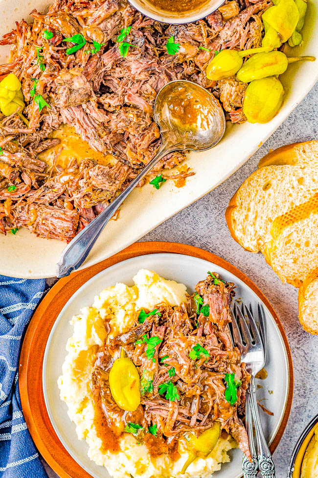 Slow Cooker Mississippi Pot Roast - A foolproof recipe for tender, juicy pot roast with just FIVE main ingredients! Your slow cooker does all the work in this comfort food classic pot roast that the whole family will adore! EASIER than any pot roast you will ever make and with more robust flavor! 