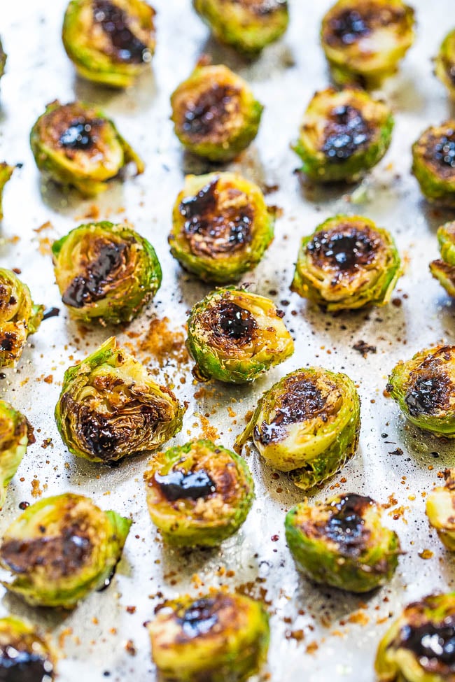 roasted Balsamic Brussels Sprouts on baking tray