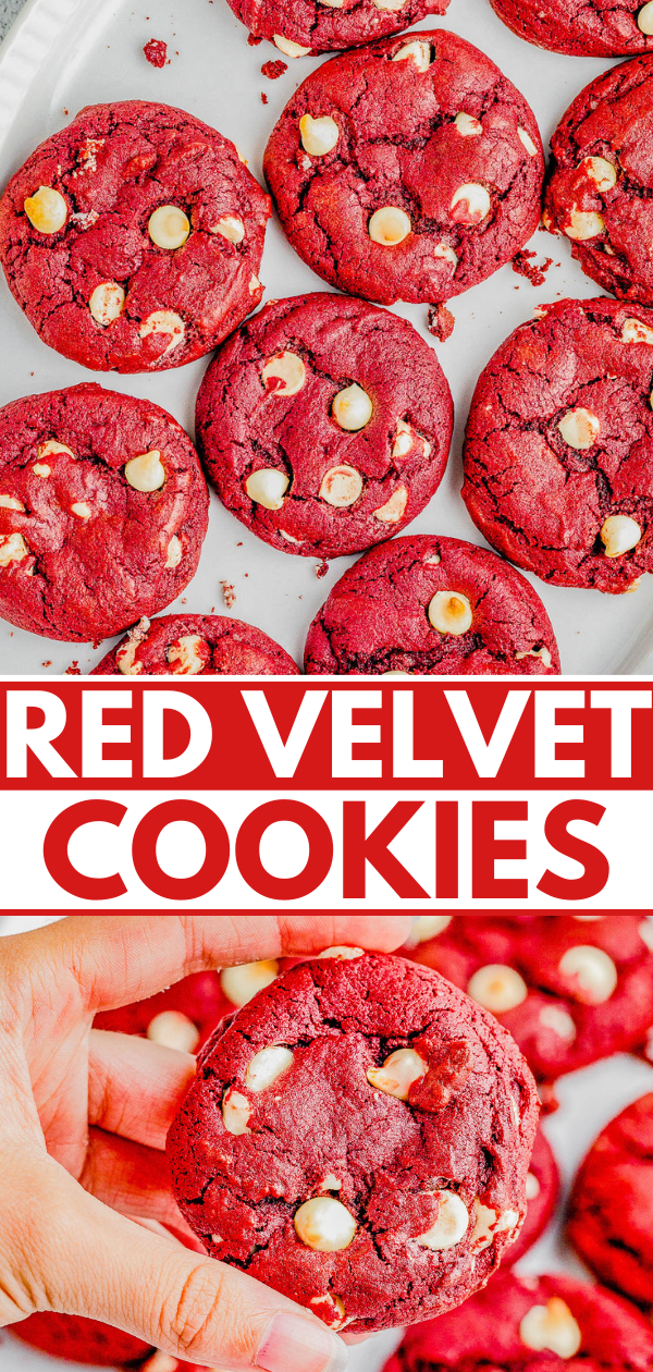 Red Velvet Cookies — Soft and chewy red velvet cookies that are loaded with white chocolate chips in every bite! A classic from-scratch red velvet cookie recipe that’s made in one bowl and EASY to make with PERFECT results every time! Perfect for Valentine’s Day, Christmas, or anytime you’re craving red velvet because these come together in no time and everyone LOVES them! 