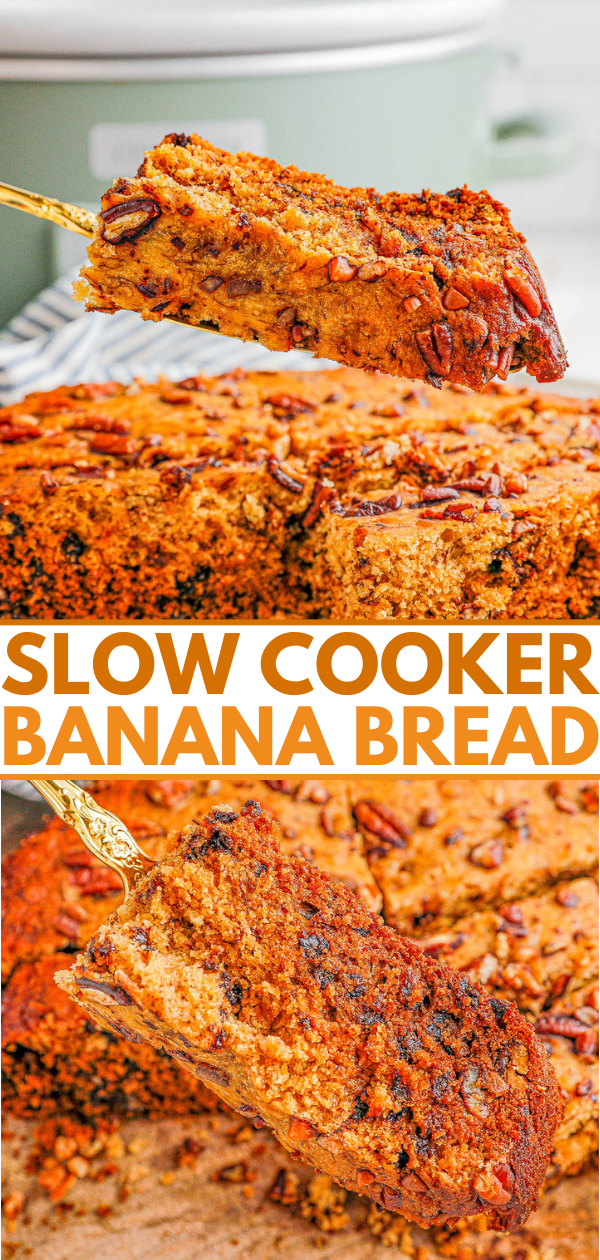 Slow Cooker Chocolate Chip Banana Bread - Think slow cookers are only for soups and savory recipes? Think again because you can make this soft, tender, moist banana bread in your Crockpot and it's SO EASY! This no-mixer banana bread is loaded with chocolate chips in every bite and a family FAVORITE! Now you know what to do with your ripe bananas! 