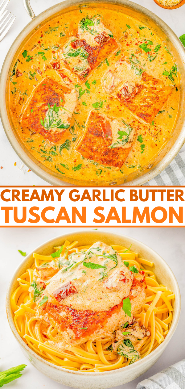 Creamy Garlic Butter Tuscan Salmon - An EASY one-skillet salmon recipe for the most tender and juicy salmon that's bathed in a rich and creamy garlic butter sauce! Parmesan cheese, sun dried tomatoes, and baby spinach add extra flavor and texture to this 30-minute recipe that everyone LOVES! Learn how to make restaurant-worthy salmon that's fast enough for a weeknight dinner but elevated enough to serve to company!