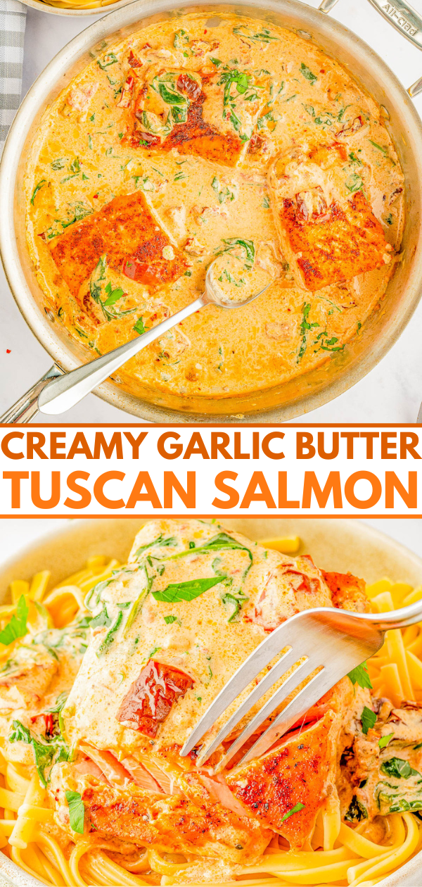 Creamy Garlic Butter Tuscan Salmon - An EASY one-skillet salmon recipe for the most tender and juicy salmon that's bathed in a rich and creamy garlic butter sauce! Parmesan cheese, sun dried tomatoes, and baby spinach add extra flavor and texture to this 30-minute recipe that everyone LOVES! Learn how to make restaurant-worthy salmon that's fast enough for a weeknight dinner but elevated enough to serve to company!