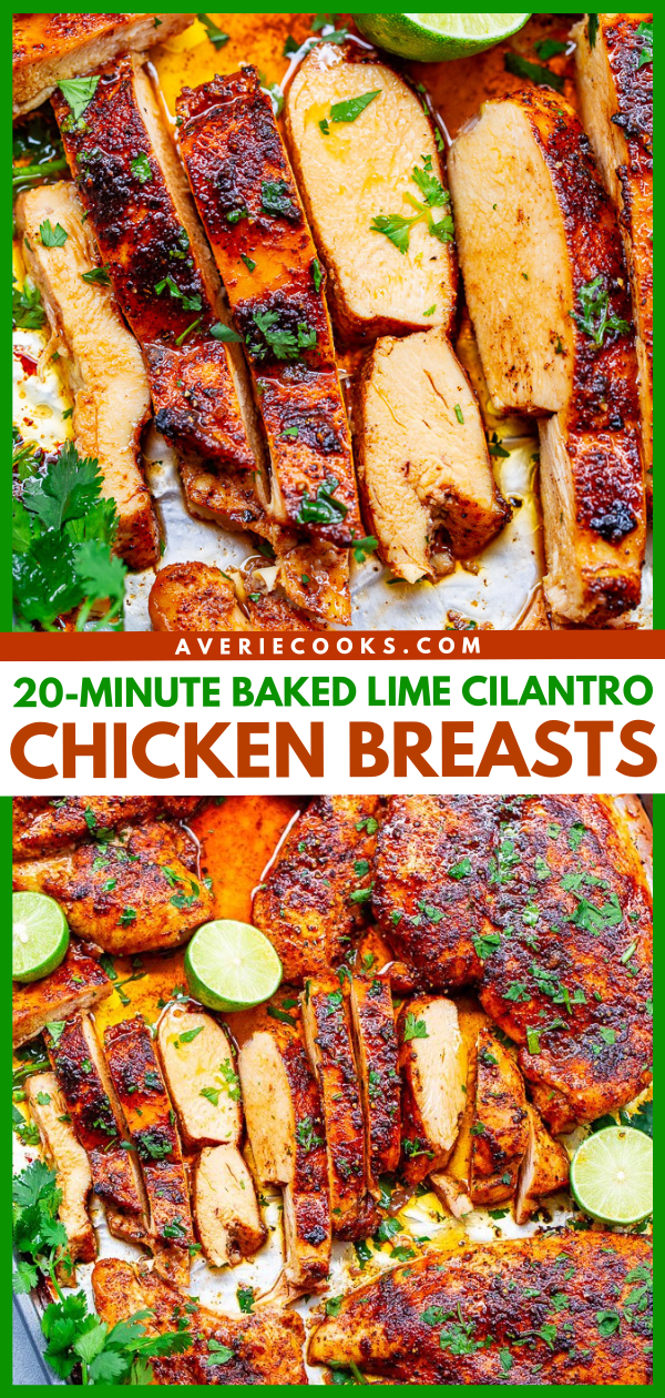Sliced baked lime cilantro chicken breasts garnished with fresh herbs.