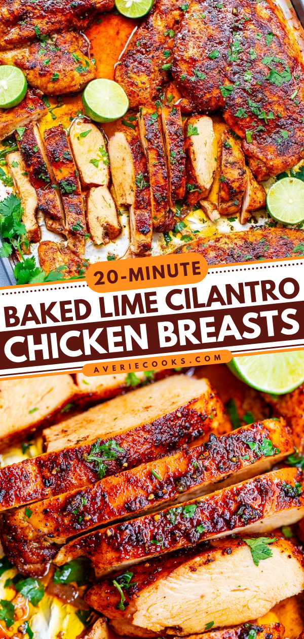 Juicy baked cilantro lime chicken breasts served with lime wedges and garnished with fresh cilantro.