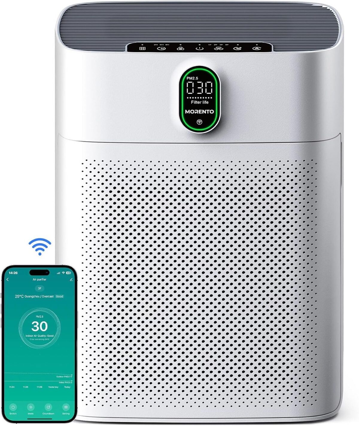 Wi-fi-enabled air purifier with digital display connected to a smartphone app.