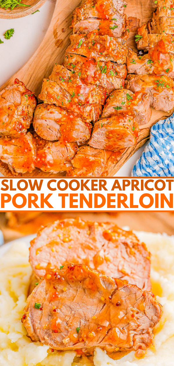 Slow Cooker Apricot Glazed Pork Tenderloin — Pork tenderloin is coated in a sweet and savory apricot glaze then slow cooked until juicy and tender! This is an EASY slow cooker dinner that’s perfect for busy weeknights. Leftover pork tenderloin is delicious in sandwiches, sliders, and wraps and reheats well the next day! 