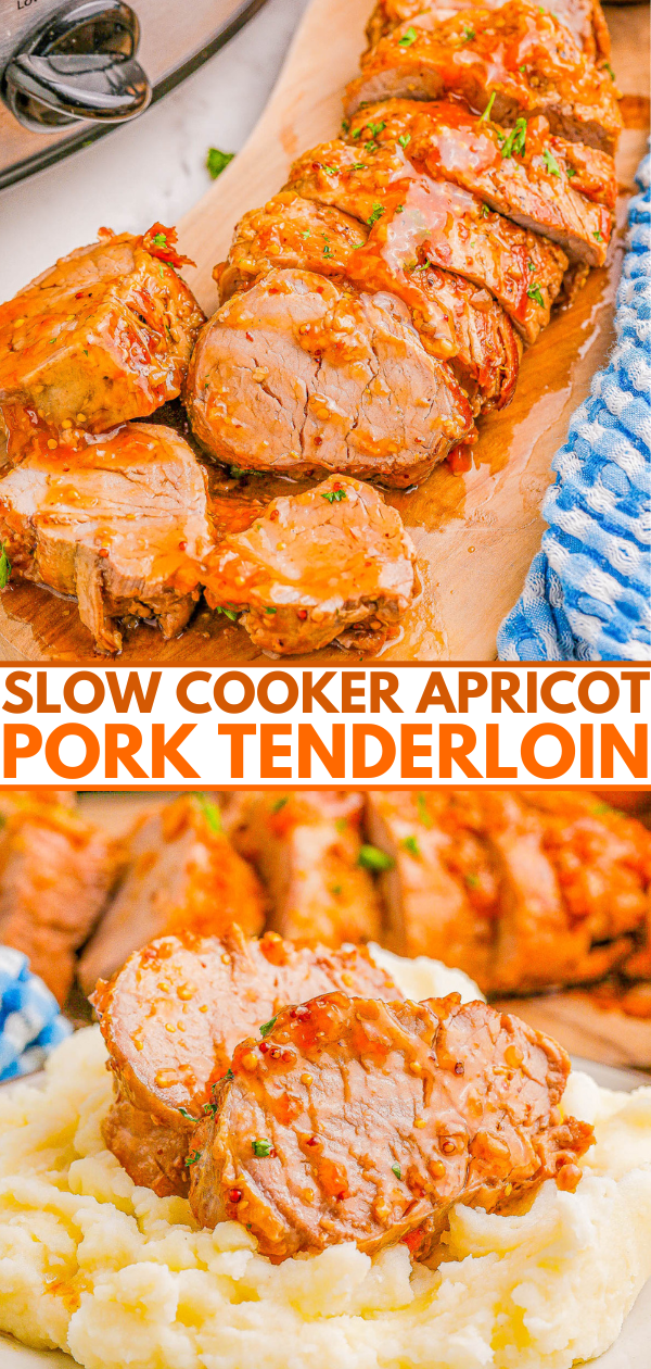 Sliced apricot pork tenderloin served with mashed potatoes, prepared in a slow cooker.