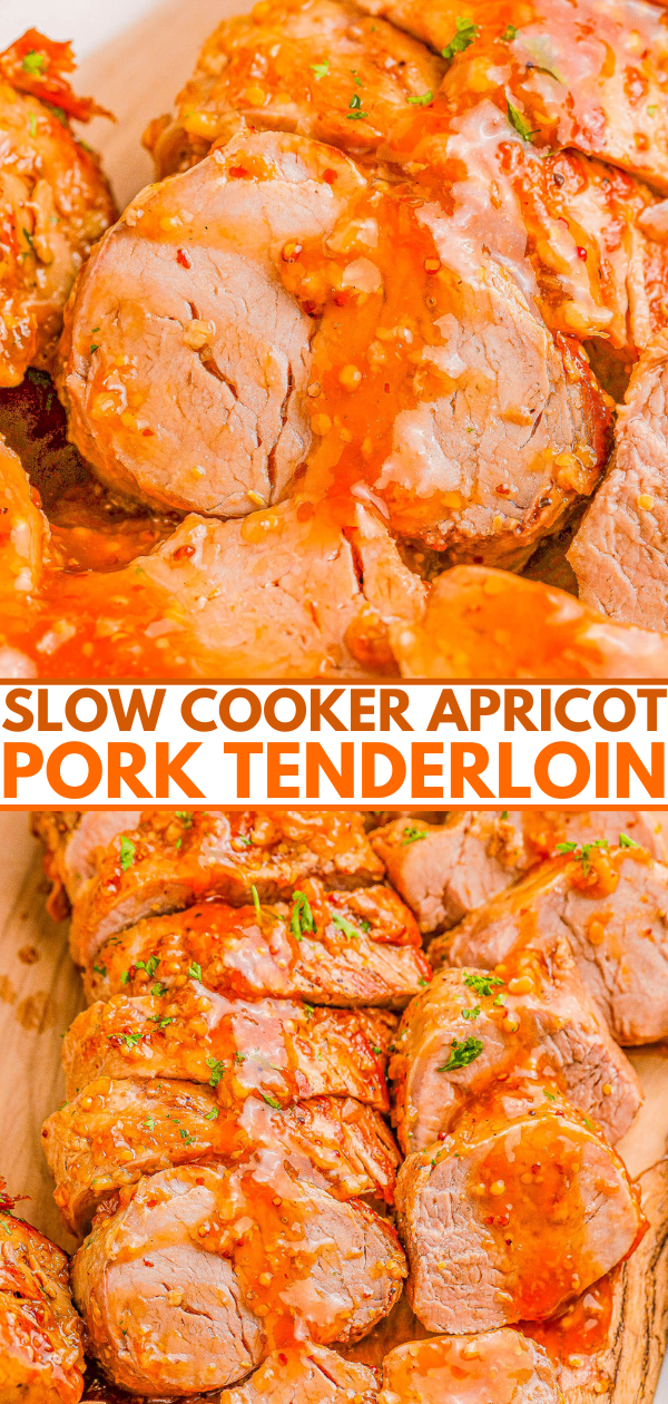 Sliced pork tenderloin with apricot glaze, prepared in a slow cooker.