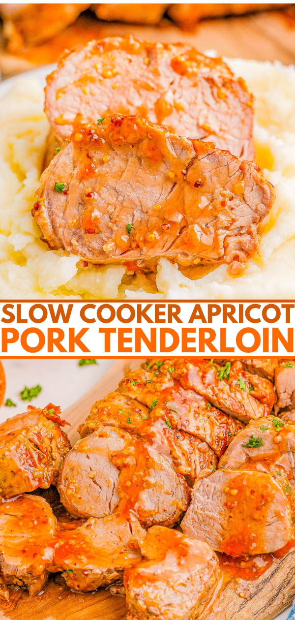 Slow cooker apricot pork tenderloin served with mashed potatoes.