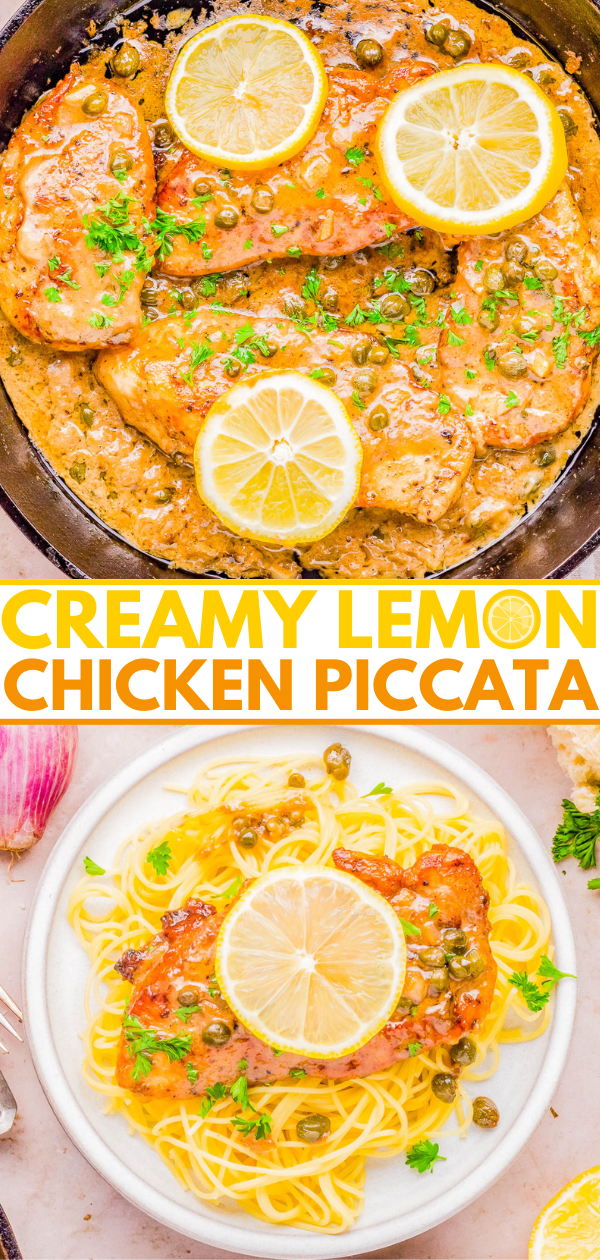 Easy Lemon Chicken Piccata — 🍋 Learn how to make this EASY Italian classic complete with juicy chicken breasts in a creamy lemon sauce that's studded with capers! Ready in just 30 minutes, made in one skillet, and rivals chicken piccata from a fancy restaurant! Serve the chicken with angel hair pasta, steamed rice, or mashed potatoes to soak up every last drop of the creamy sauce! 