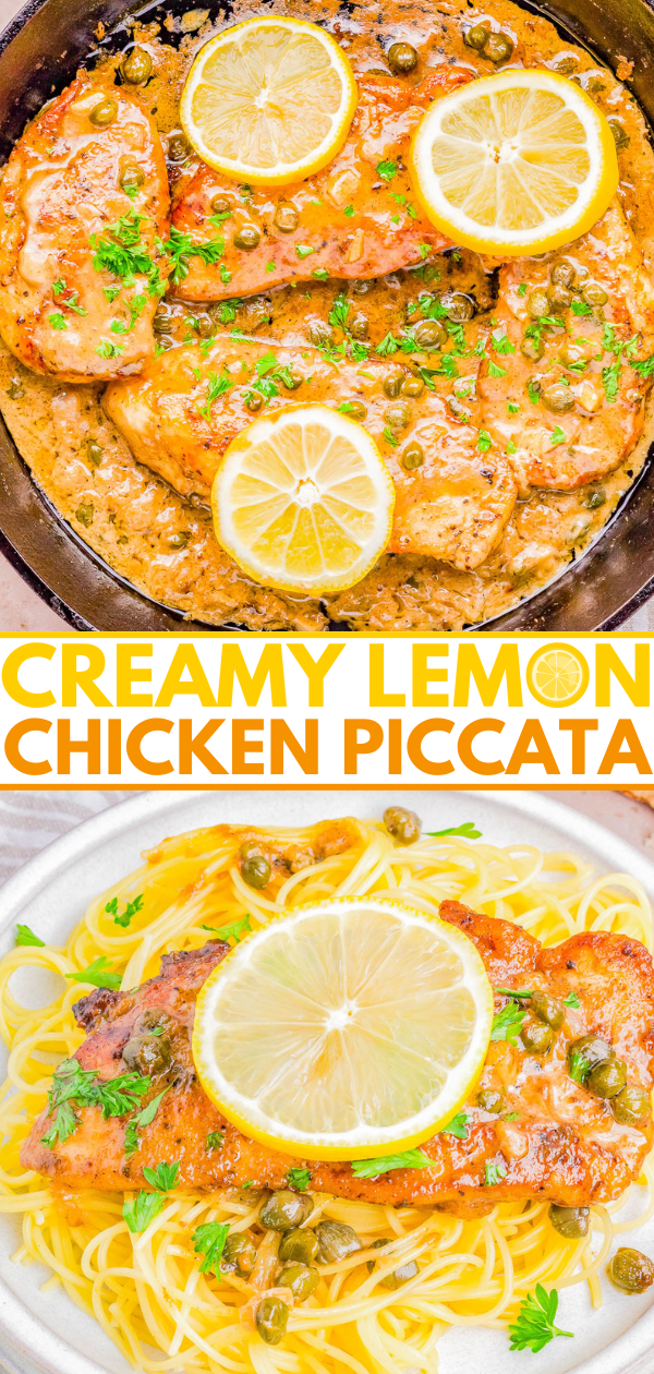 Easy Lemon Chicken Piccata — 🍋 Learn how to make this EASY Italian classic complete with juicy chicken breasts in a creamy lemon sauce that's studded with capers! Ready in just 30 minutes, made in one skillet, and rivals chicken piccata from a fancy restaurant! Serve the chicken with angel hair pasta, steamed rice, or mashed potatoes to soak up every last drop of the creamy sauce! 