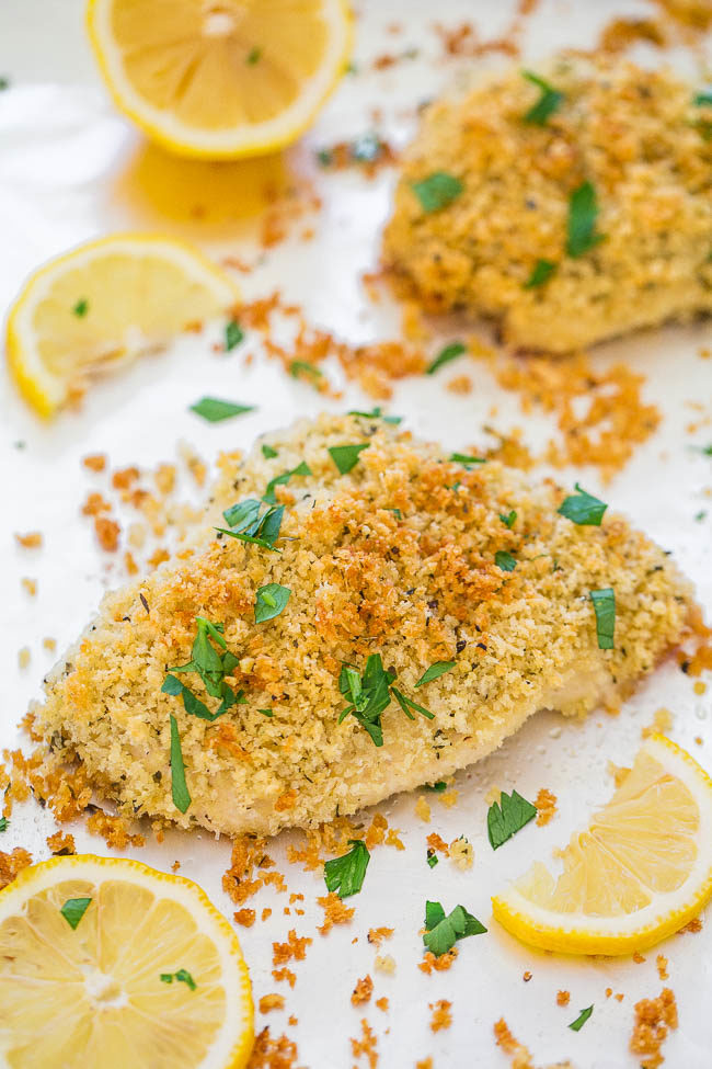 Baked Parmesan-Crusted Chicken with lemon slices