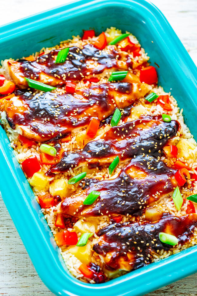 Baked Teriyaki Chicken and Rice in blue pan