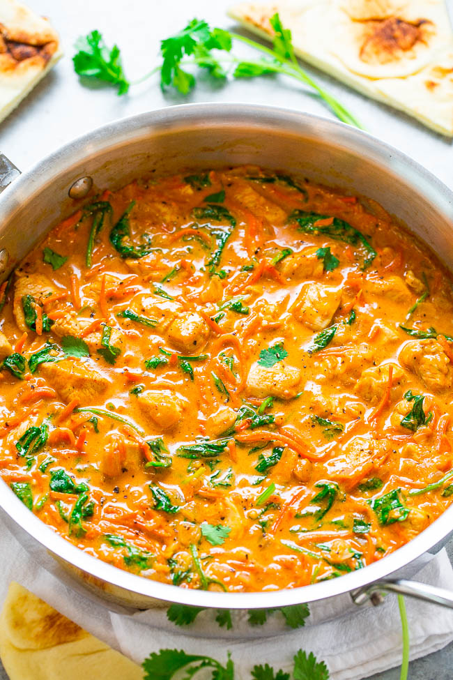 Thai Chicken Coconut Curry โ An EASY one-skillet curry thatโs ready in 20 minutes and is layered with so many fabulous flavors!! Low-cal, low-carb, and HEALTHY but tastes like comfort food!!