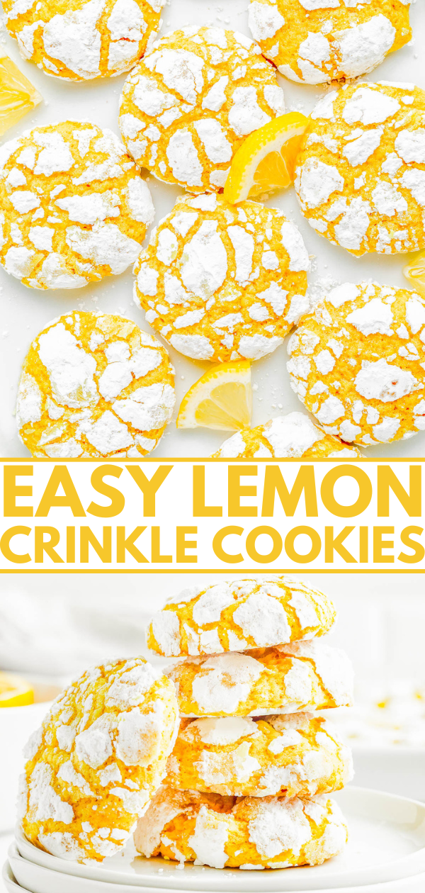 Lemon Crinkle Cookies — Lemon crinkles are pillowy soft on the inside and chewy on the outside, with slightly crispy edges from the powdered sugar coating! They taste like lemon bars, but in cookie form! The dough is flavored with lemon three ways and is perfect for holiday gatherings, Easter, Mother’s day, or whenever you’re craving an EASY lemon dessert 🍋! 