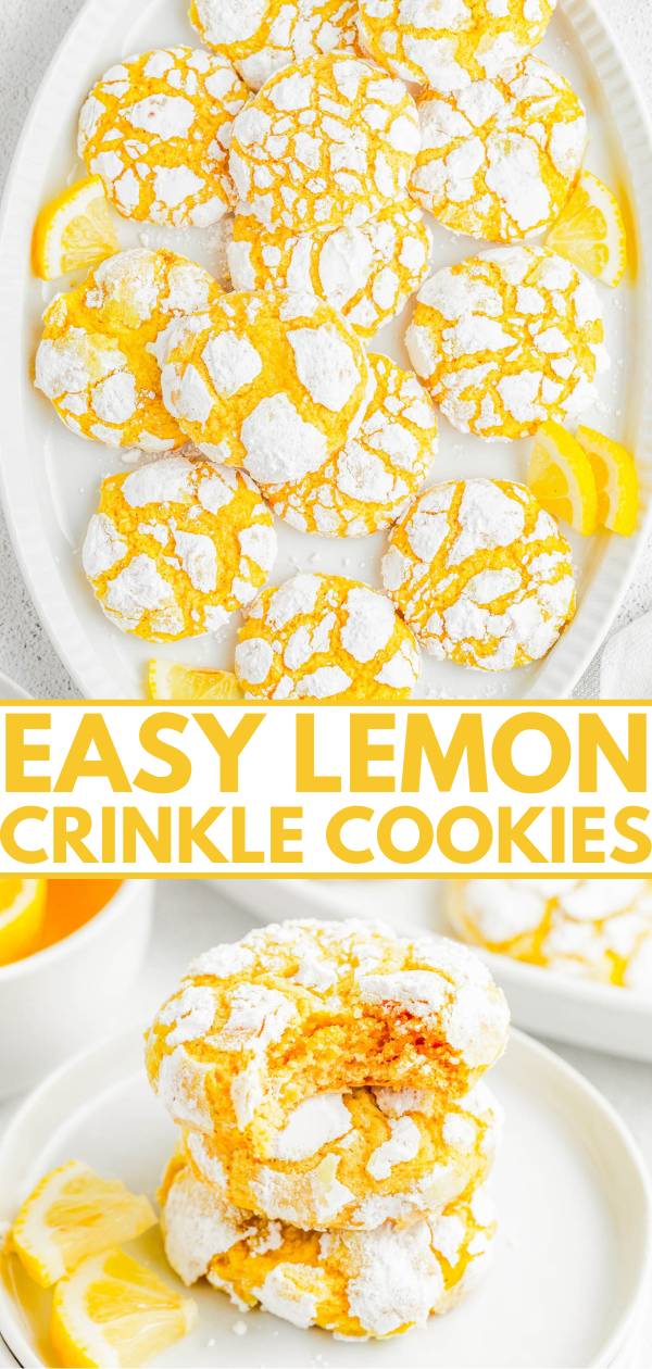 Lemon Crinkle Cookies — Lemon crinkles are pillowy soft on the inside and chewy on the outside, with slightly crispy edges from the powdered sugar coating! They taste like lemon bars, but in cookie form! The dough is flavored with lemon three ways and is perfect for holiday gatherings, Easter, Mother’s day, or whenever you’re craving an EASY lemon dessert 🍋! 