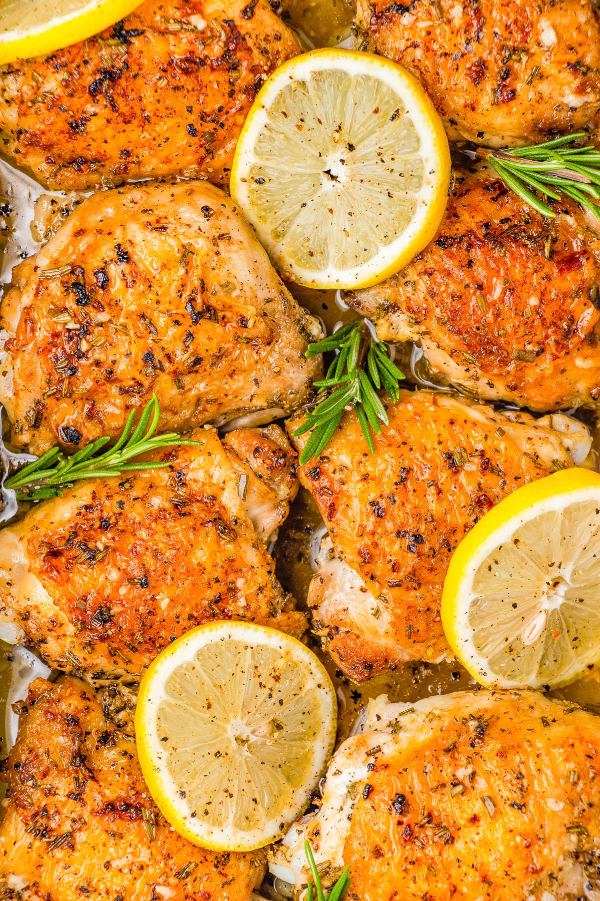 Baked Lemon Rosemary Chicken — Just five basic ingredients are all you need to make this EASY recipe! Chicken thighs are seared until golden, then coated with a zingy lemon rosemary marinade and baked. The skin crisps up in the oven while the chicken remains moist and tender! Serve with a side salad, roasted veggies, or mashed potatoes for a full meal! 