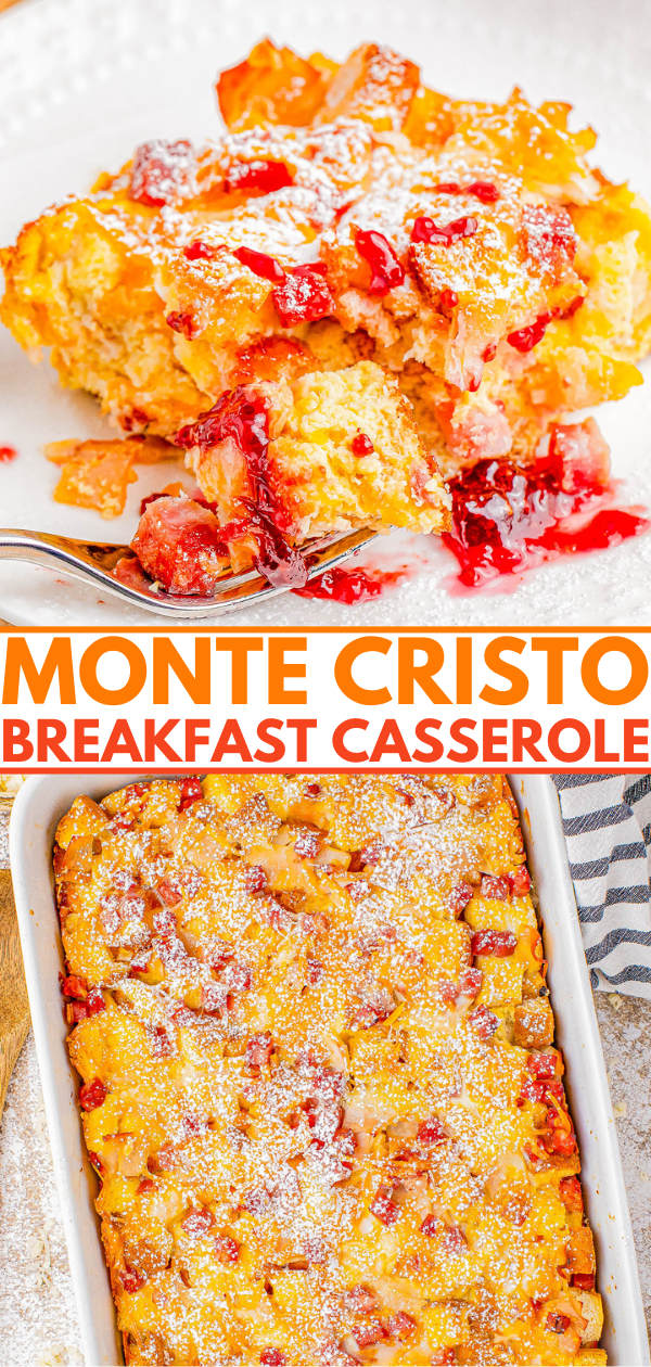 Monte Cristo Casserole -  All the flavors of a classic Monte Cristo sandwich but in brunch or breakfast casserole form! Layers of tender brioche bread with cubed ham, sliced turkey, Swiss and cheddar cheeses are topped with an egg mixture before being baked off to perfection! Make-ahead assembly directions are provided to save time for stress-free busy holiday mornings or before a special brunch.
