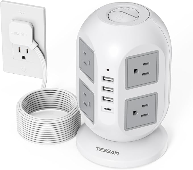 Vertical power strip with usb ports and an extension cord.