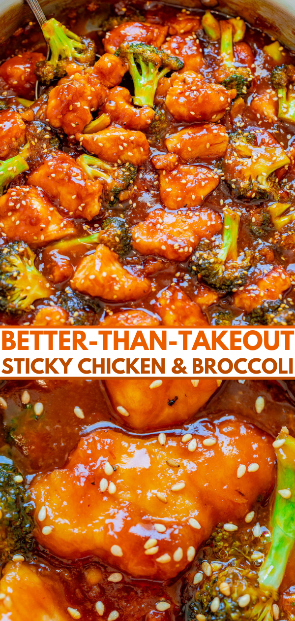 Sticky chicken and broccoli with a bold sauce and sesame seed garnish.