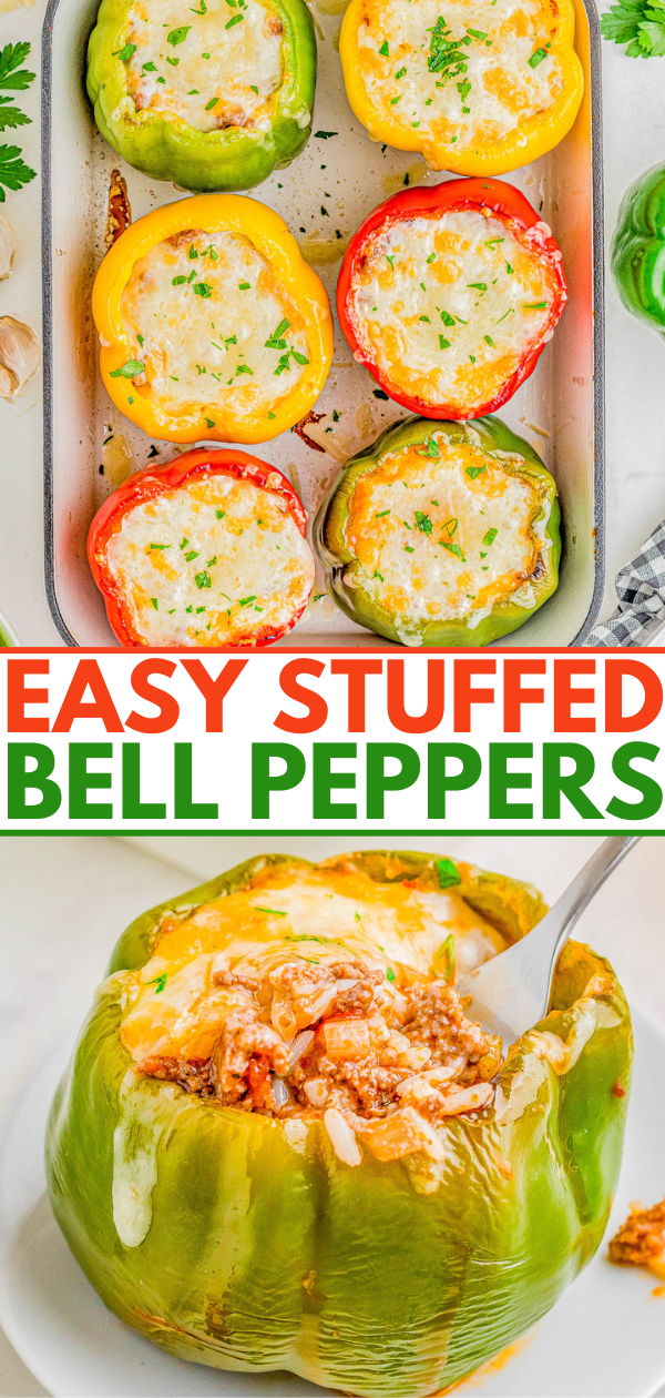 Stuffed Bell Peppers with Ground Beef and Rice — Sweet bell peppers are stuffed with a mixture of Italian sausage, ground beef, rice, and veggies then topped with CHEESE! This is a great meal prep recipe that comes in handy on busy weeknights! EASY, hearty, comfort food that the whole family will love! 