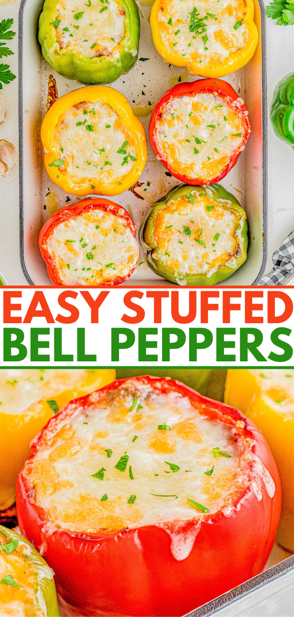 Stuffed Bell Peppers with Ground Beef and Rice — Sweet bell peppers are stuffed with a mixture of Italian sausage, ground beef, rice, and veggies then topped with CHEESE! This is a great meal prep recipe that comes in handy on busy weeknights! EASY, hearty, comfort food that the whole family will love! 