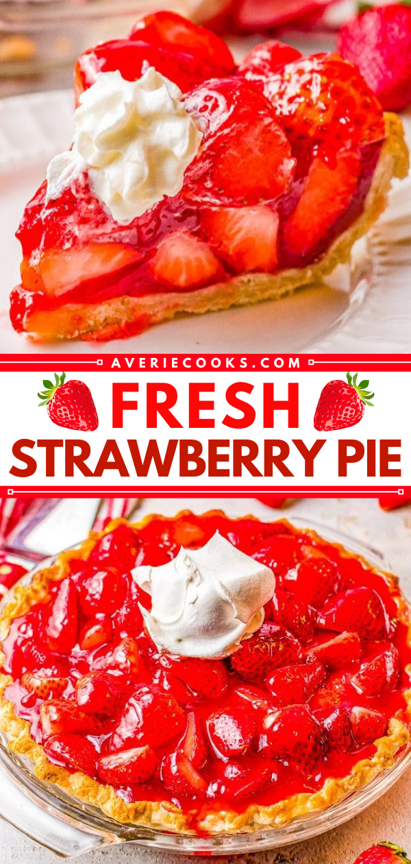 🍓😋❤️ This EASY strawberry pie is bursting with juicy, fresh strawberries and covered in a delicious glaze! Use a homemade flaky crust OR a refrigerated store-bought crust for this amazing pie that everyone LOVES! Only SIX main ingredients!