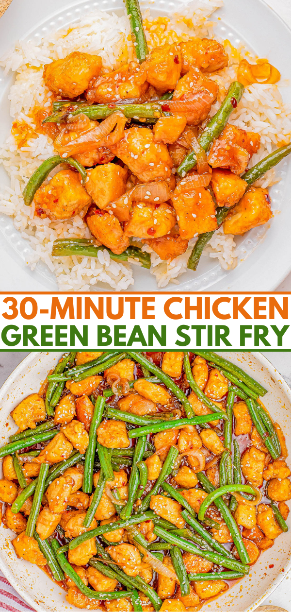 A plate of chicken and green bean stir fry served with rice, captioned "30-minute chicken green bean stir fry.