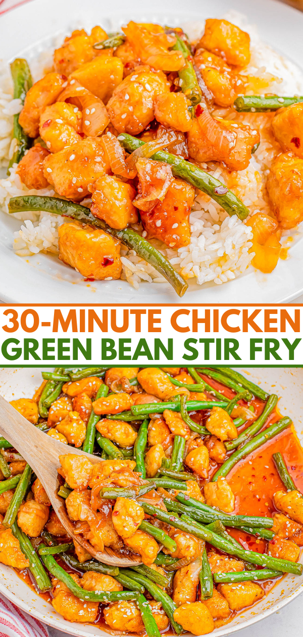 A plate of chicken and green bean stir fry over rice, garnished with sesame seeds, with a wooden serving spoon. text overlay details a "30-minute chicken green bean stir fry" recipe.