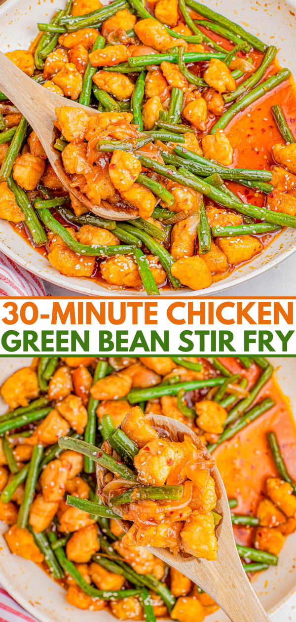 Chicken and green bean stir fry in a pan, with wooden spoon, labeled "30-minute chicken green bean stir fry.