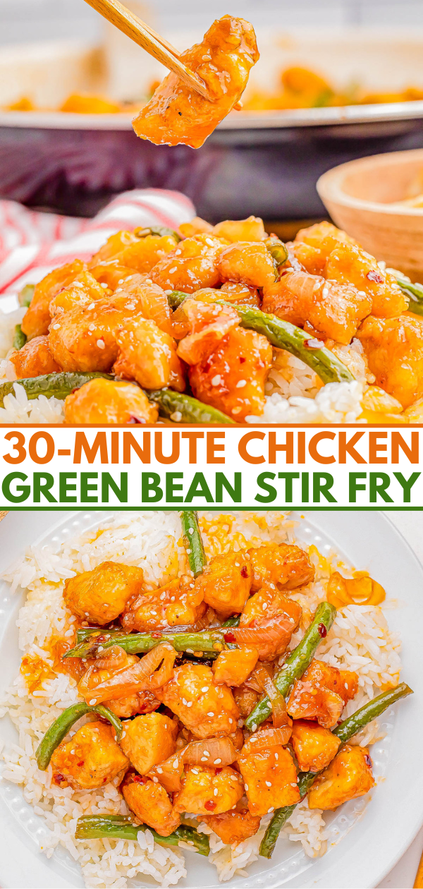 Chicken and green bean stir fry served over white rice, captioned "30-minute chicken green bean stir fry," emphasizing the recipe's quick preparation time.