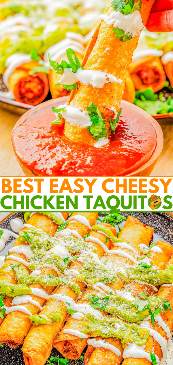 Cheesy chicken taquitos on a plate, some being dipped into a sauce, with text overlay "best easy cheesy chicken taquitos.