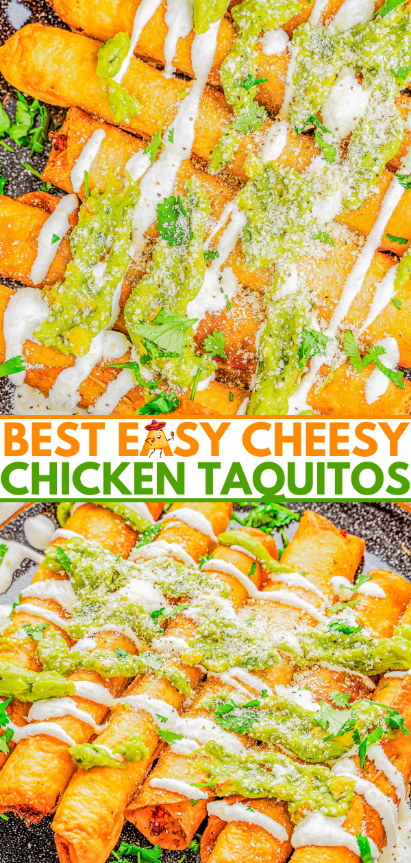 Cheesy chicken taquitos topped with melted cheese and a creamy sauce, garnished with fresh cilantro, served on a round black plate. text overlay reads "best easy cheesy chicken taquitos.