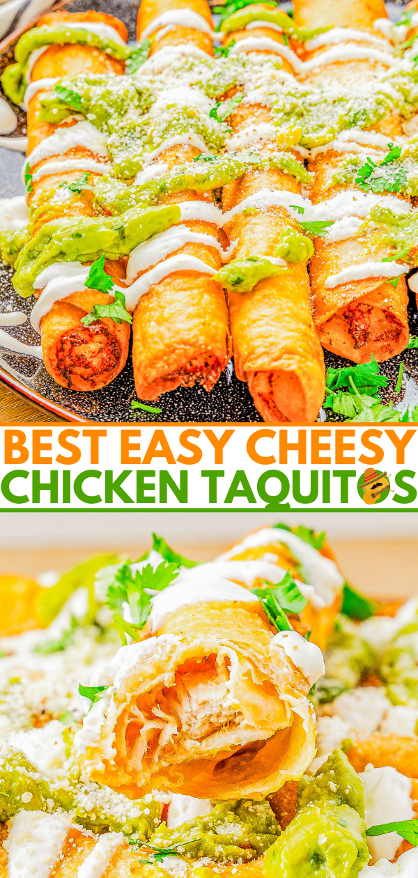 A vibrant display of cheesy chicken taquitos topped with green sauce and fresh cheese, served on a decorative plate.