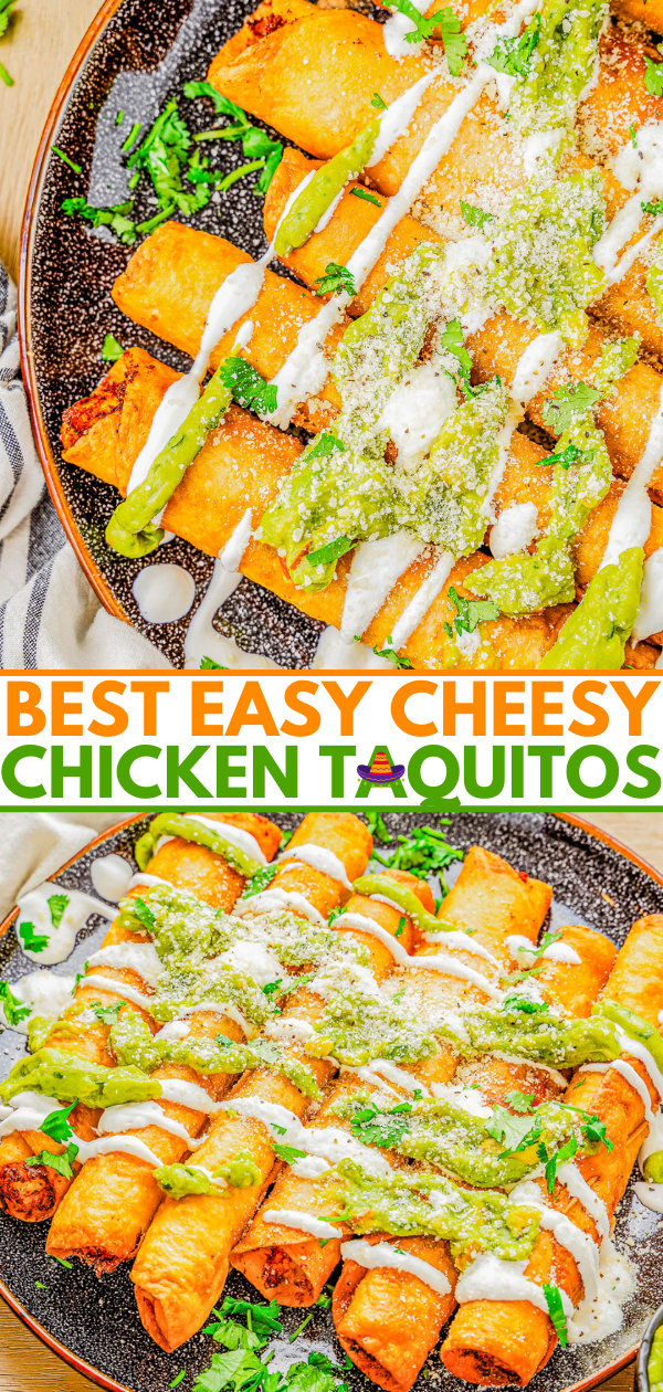 Plate of cheesy chicken taquitos garnished with sauce and cheese, served on a wooden table with title text "best easy cheesy chicken taquitos".