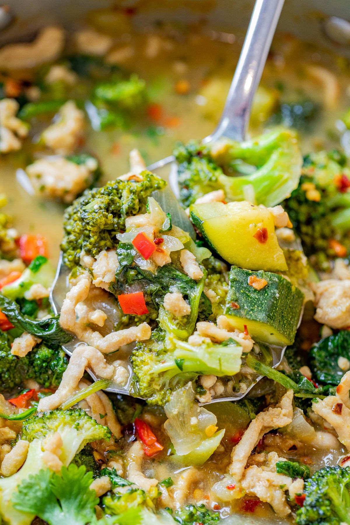 A close-up of a spoon ladling out a colorful curry with leafy greens, and pieces of ground chicken.