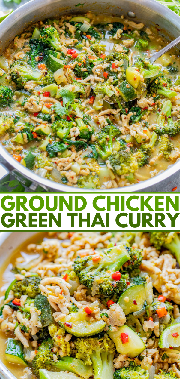 A pot of ground chicken green thai curry with mixed vegetables.