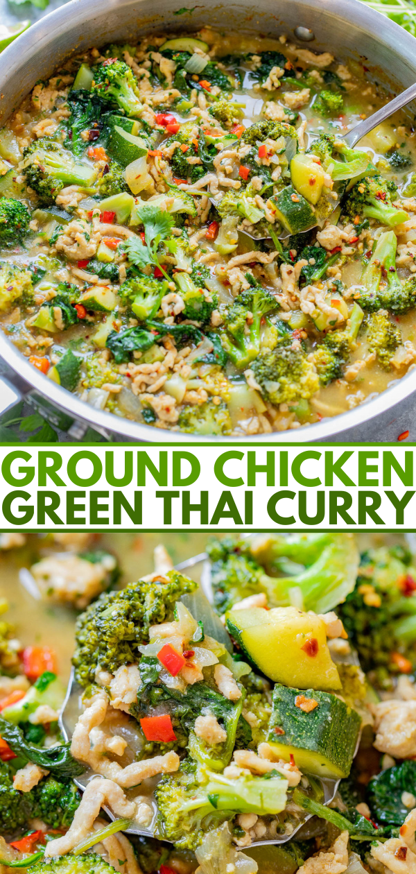 A pot of ground chicken green thai curry with vegetables.