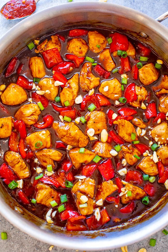 Kung Pao Chicken - An easy BETTER-THAN-TAKEOUT recipe with juicy chicken and such a flavorful sauce!! Don't call for takeout when you can make this HEALTHIER version at home in 20 minutes! So AUTHENTIC tasting!!