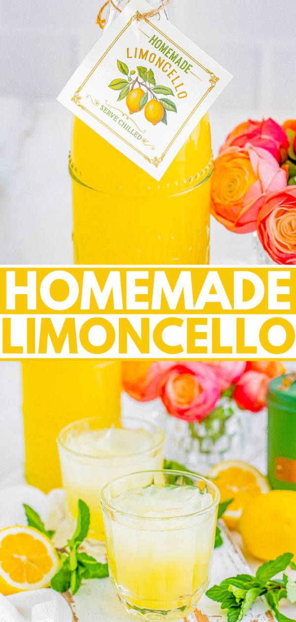 Homemade limoncello with fresh lemons and floral decoration.