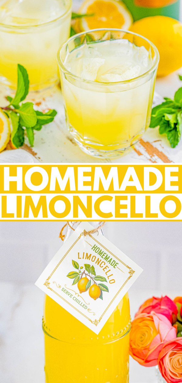 A refreshing homemade limoncello setup, featuring glasses of the beverage with ice, fresh lemons, mint, and a bottle adorned with a decorative label.