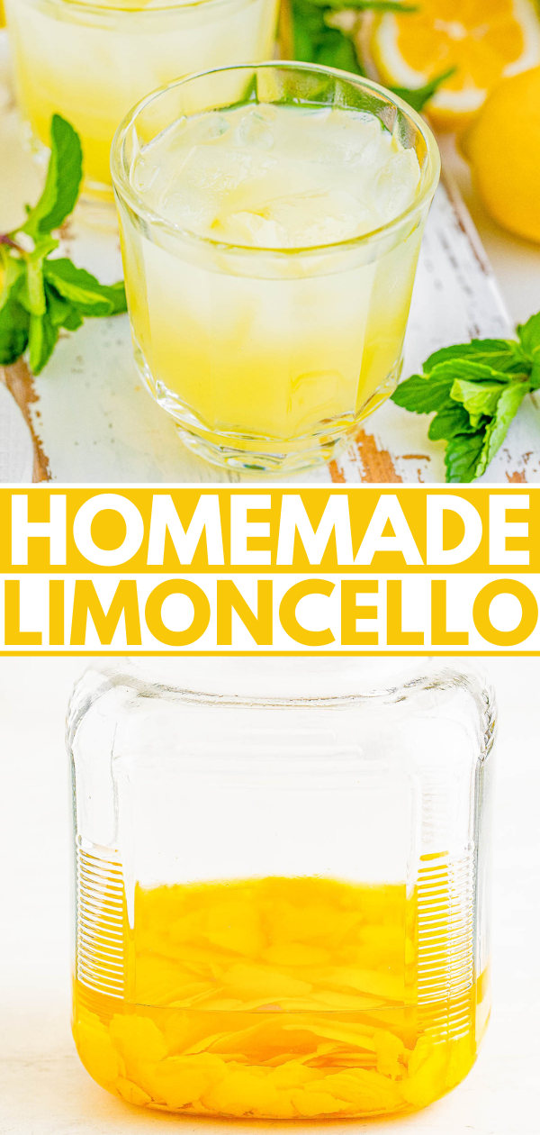 A guide to making homemade limoncello with images of lemon slices, mint leaves, and a beverage in glasses, accompanied by bold text.