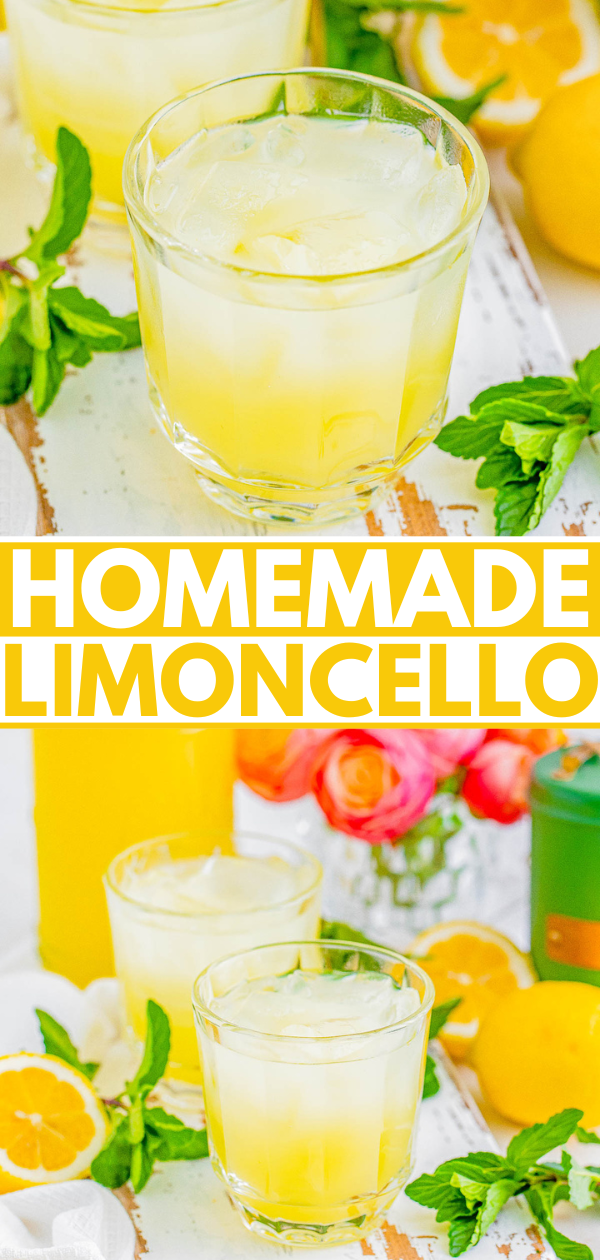 Homemade limoncello served chilled with fresh lemon garnish.
