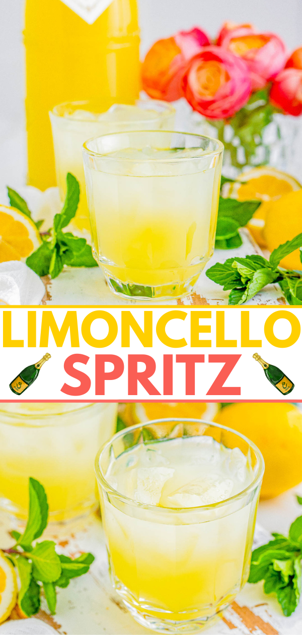 A vibrant image featuring two glasses of limoncello spritz, surrounded by citrus fruits, flowers, and bottles, with the drink name styled in bold text.