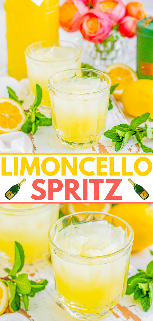 Glasses of limoncello spritz with citrus fruits and flowers in the background.