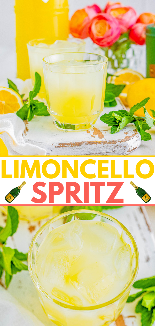 Refreshing limoncello spritz served with ice and garnished with mint leaves.